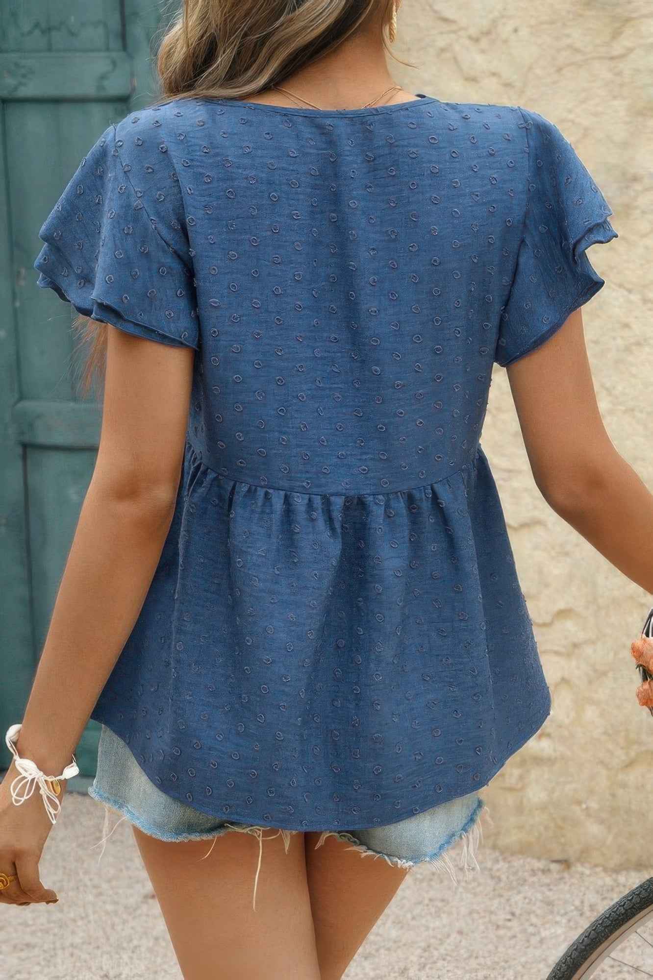 V Neck Lace Cutwork Flock Dot Ruffle Shirt