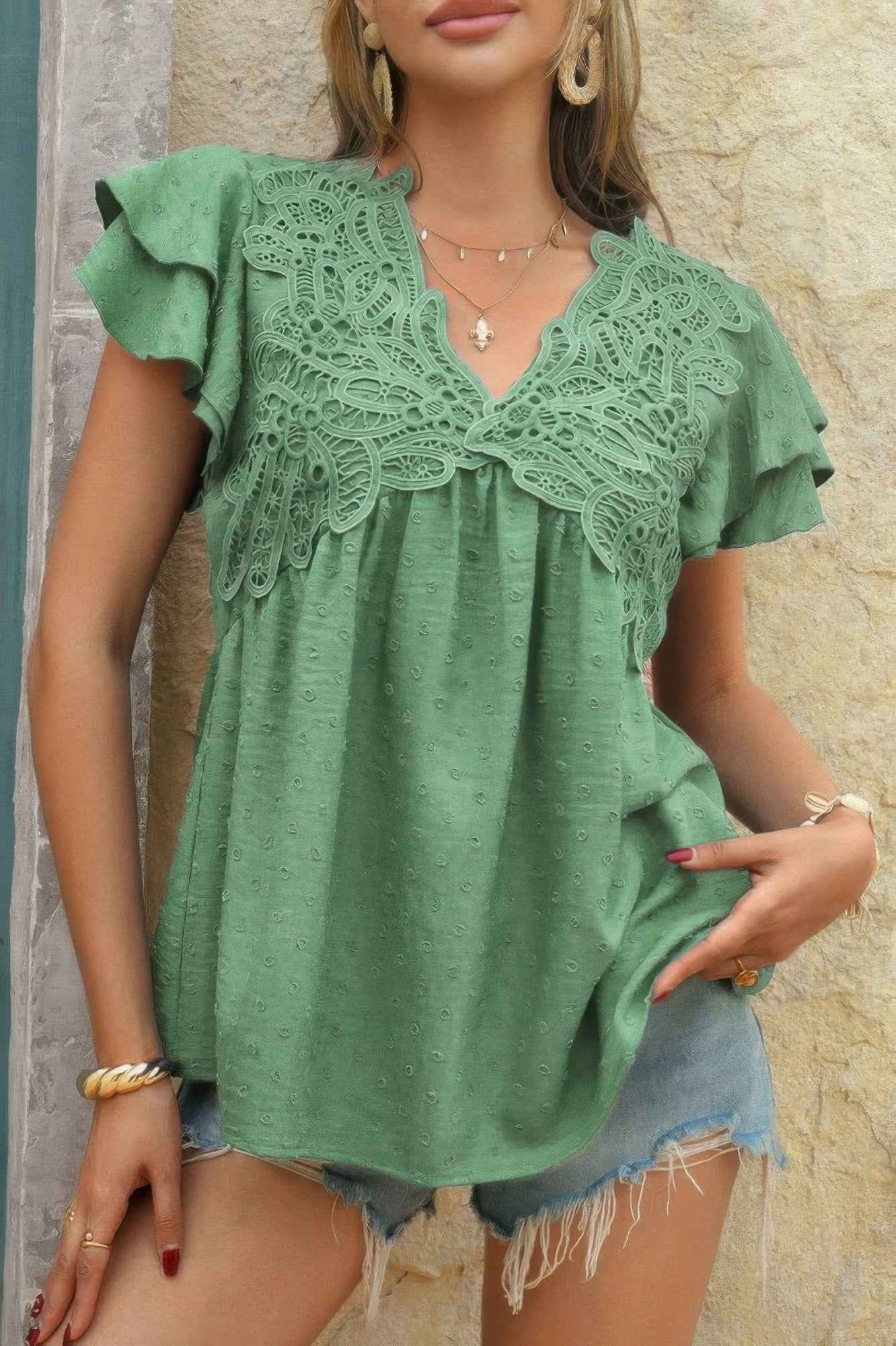 V Neck Lace Cutwork Flock Dot Ruffle Shirt
