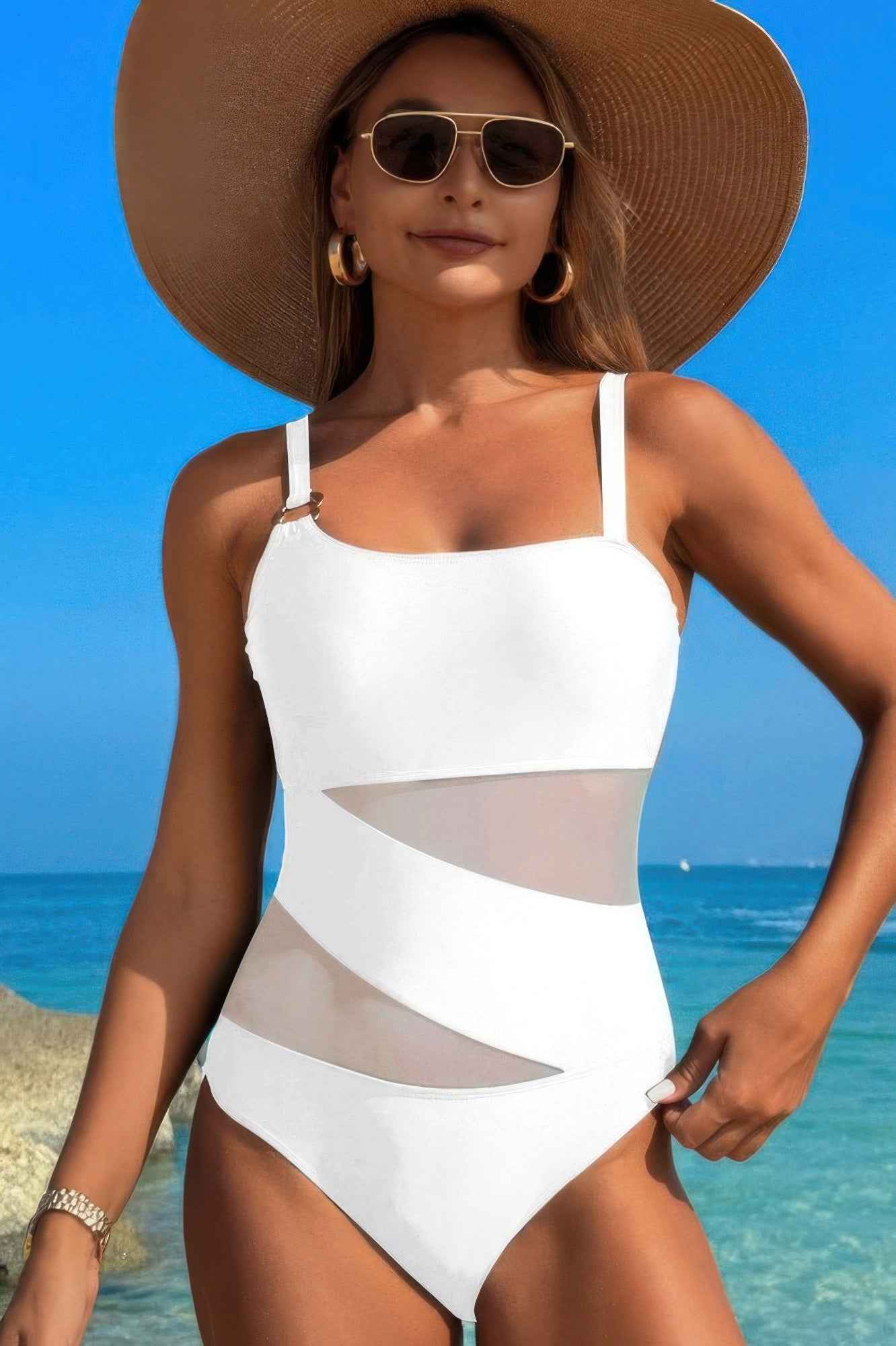 One Piece Color Block Lace High Cut Swimsuit