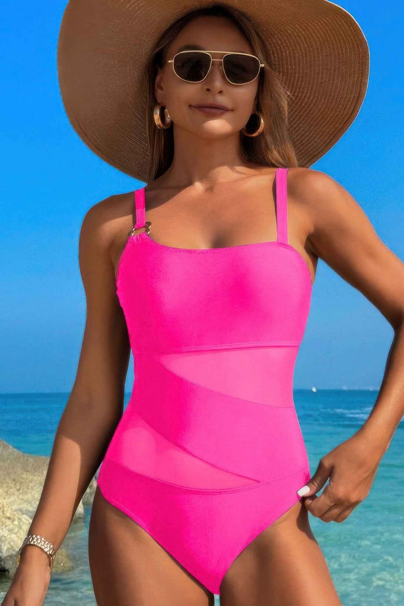 One Piece Color Block Lace High Cut Swimsuit