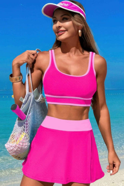 Color Block Two Pieces High Waisted Skirt Swimsuit
