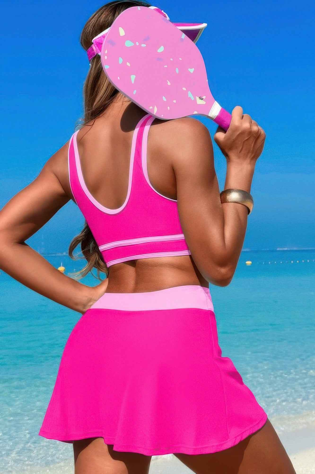 Color Block Two Pieces High Waisted Skirt Swimsuit