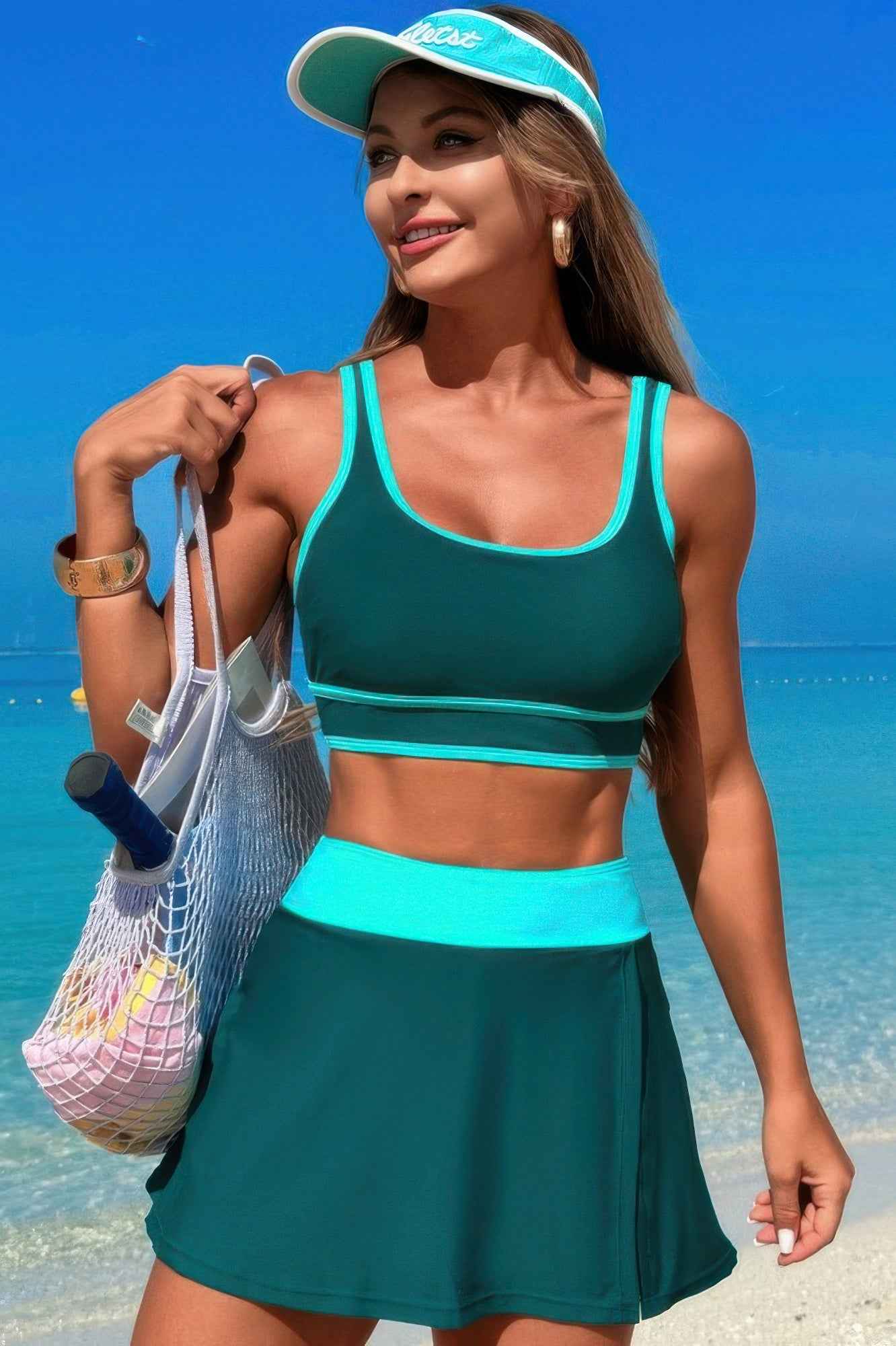 Color Block Two Pieces High Waisted Skirt Swimsuit