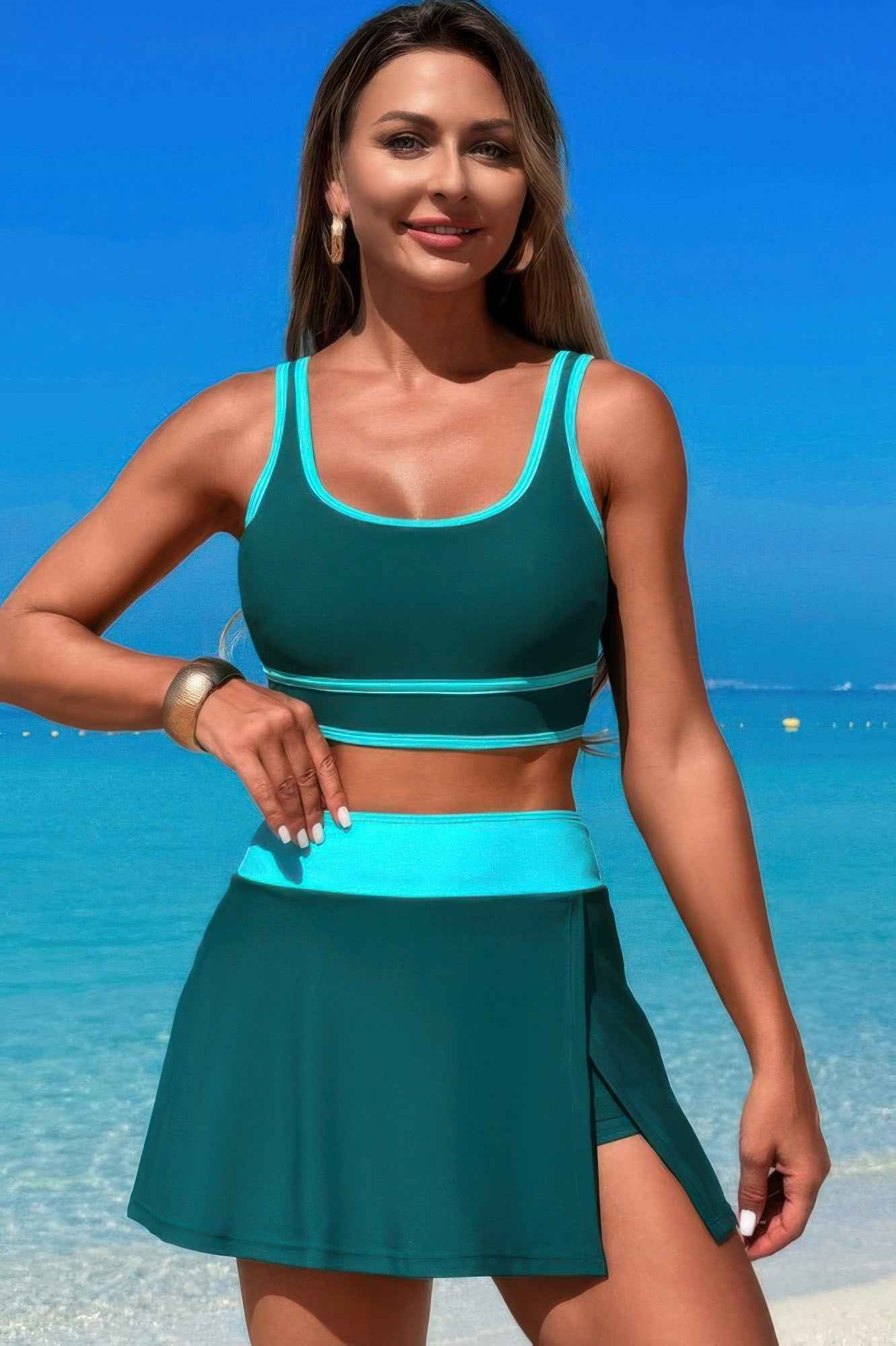 Color Block Two Pieces High Waisted Skirt Swimsuit
