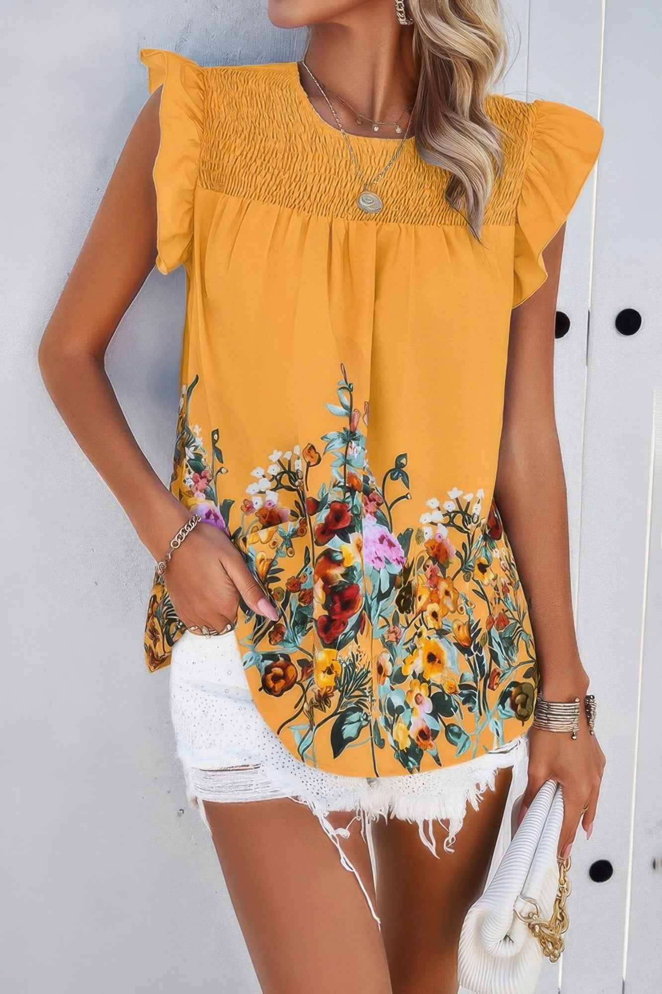 Floral Print Round Neck Ruched Loose Fit Top