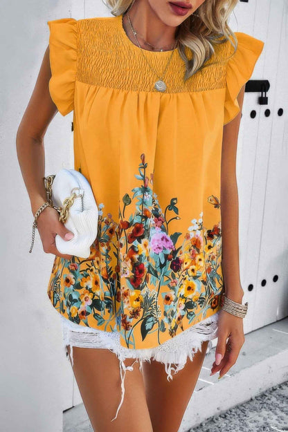 Floral Print Round Neck Ruched Loose Fit Top