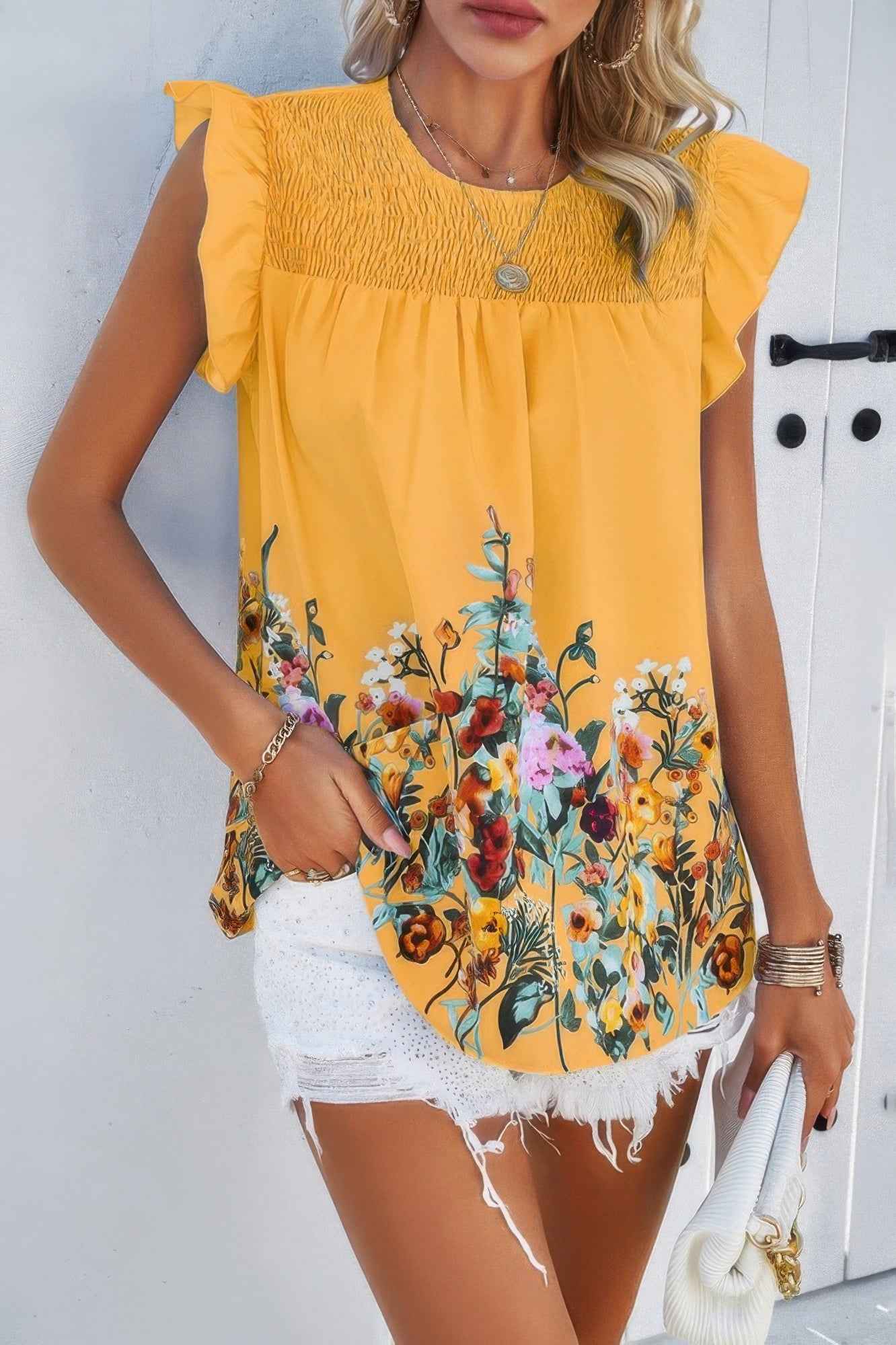 Floral Print Round Neck Ruched Loose Fit Top