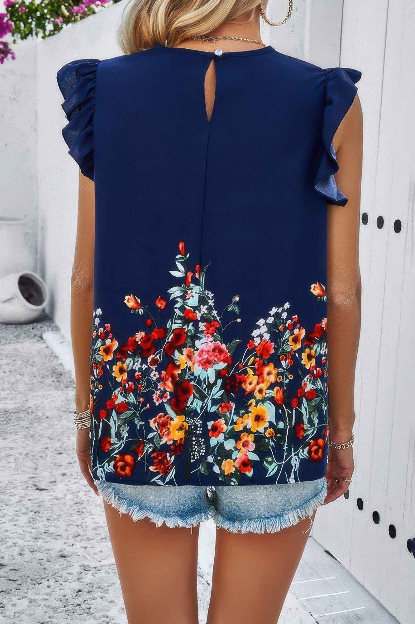 Floral Print Round Neck Ruched Loose Fit Top