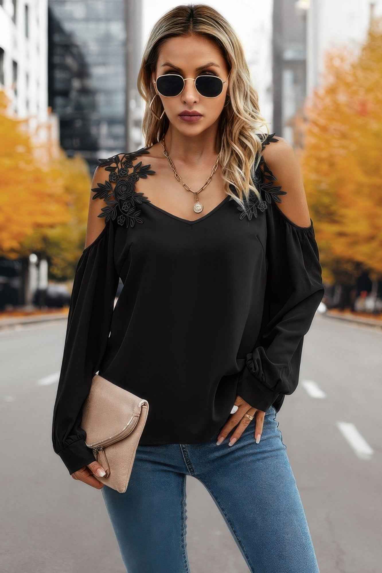 Contrast Low Back Lace Cold Shoulder Top
