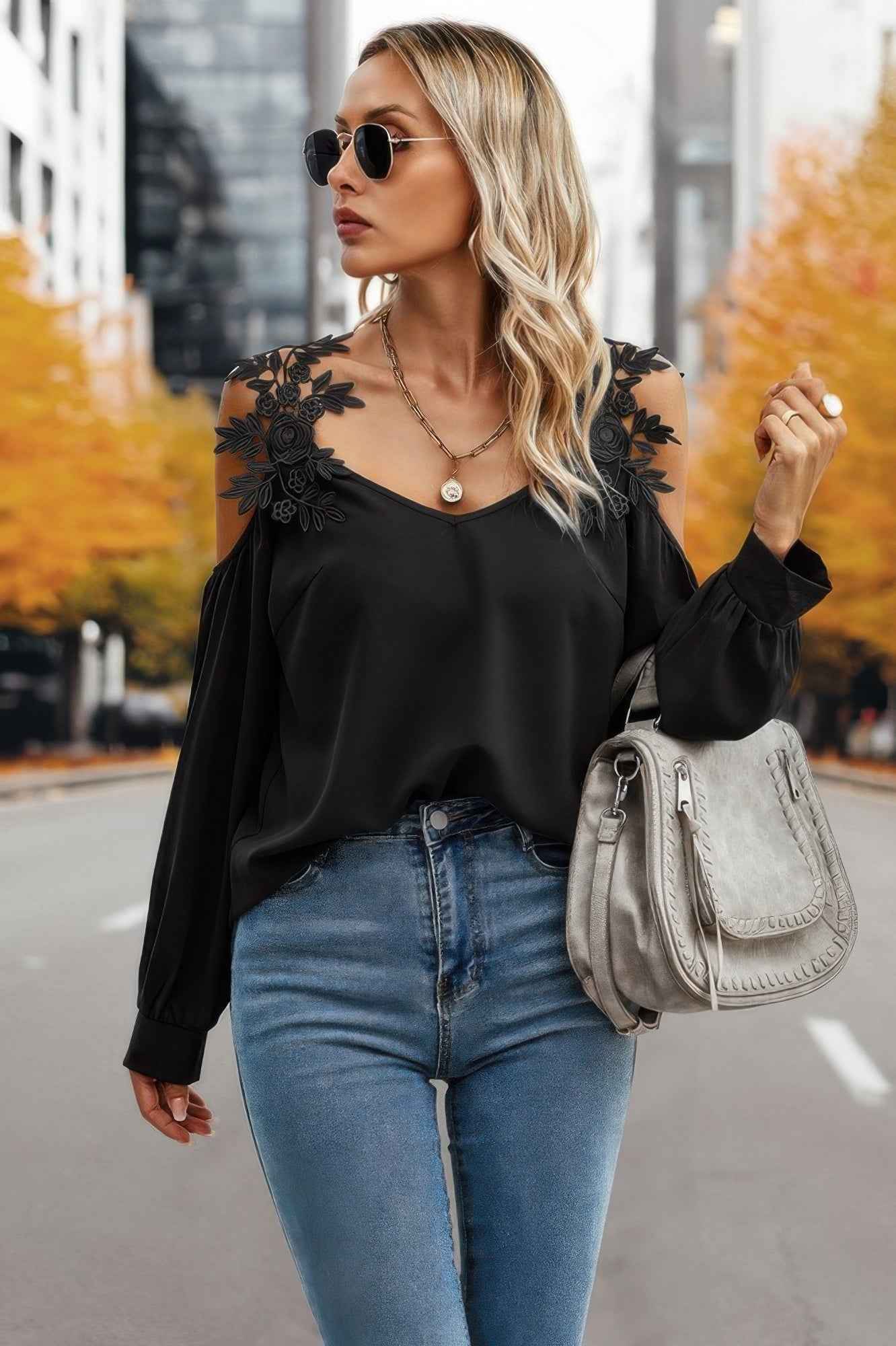 Contrast Low Back Lace Cold Shoulder Top