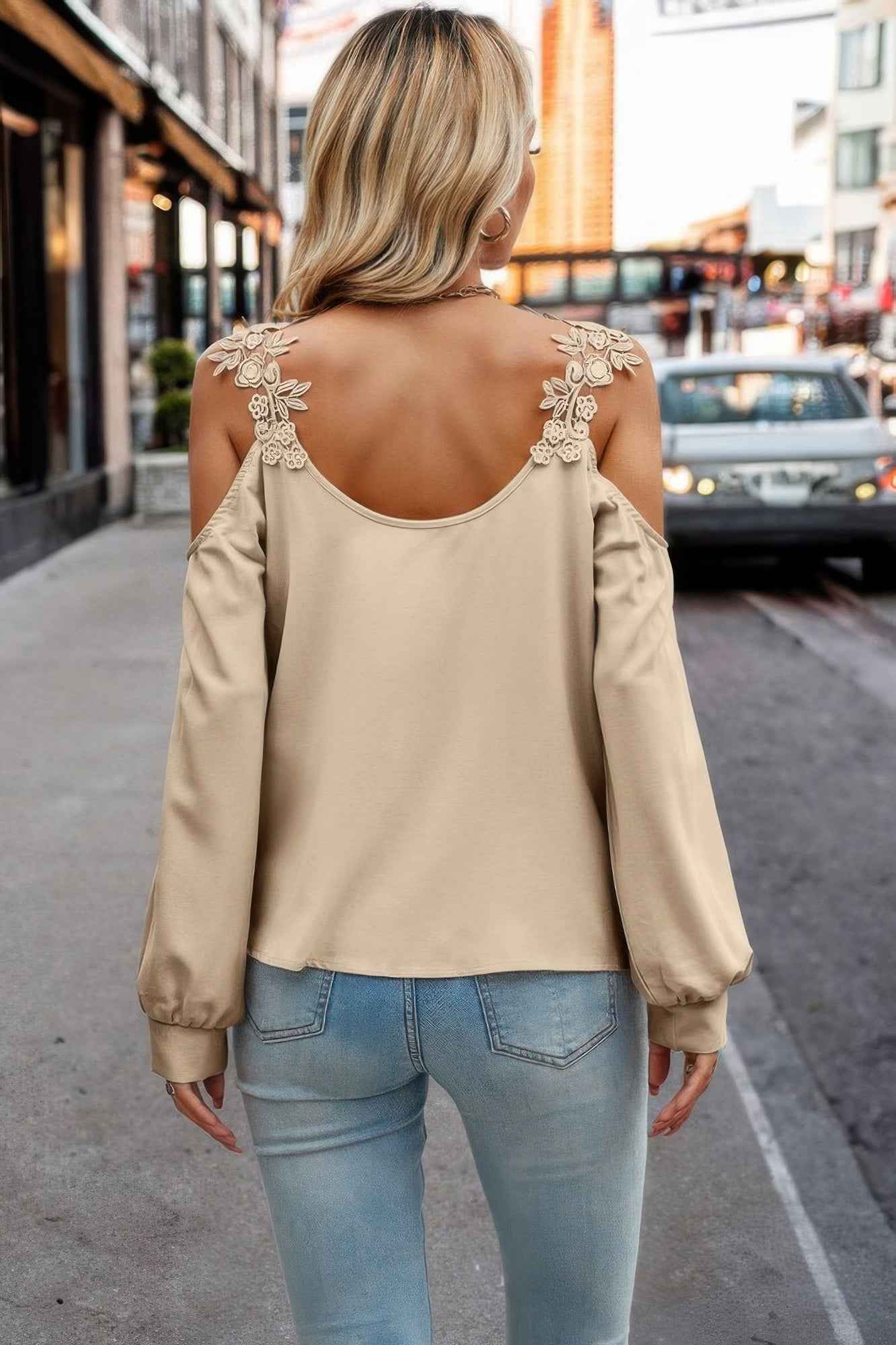Contrast Low Back Lace Cold Shoulder Top
