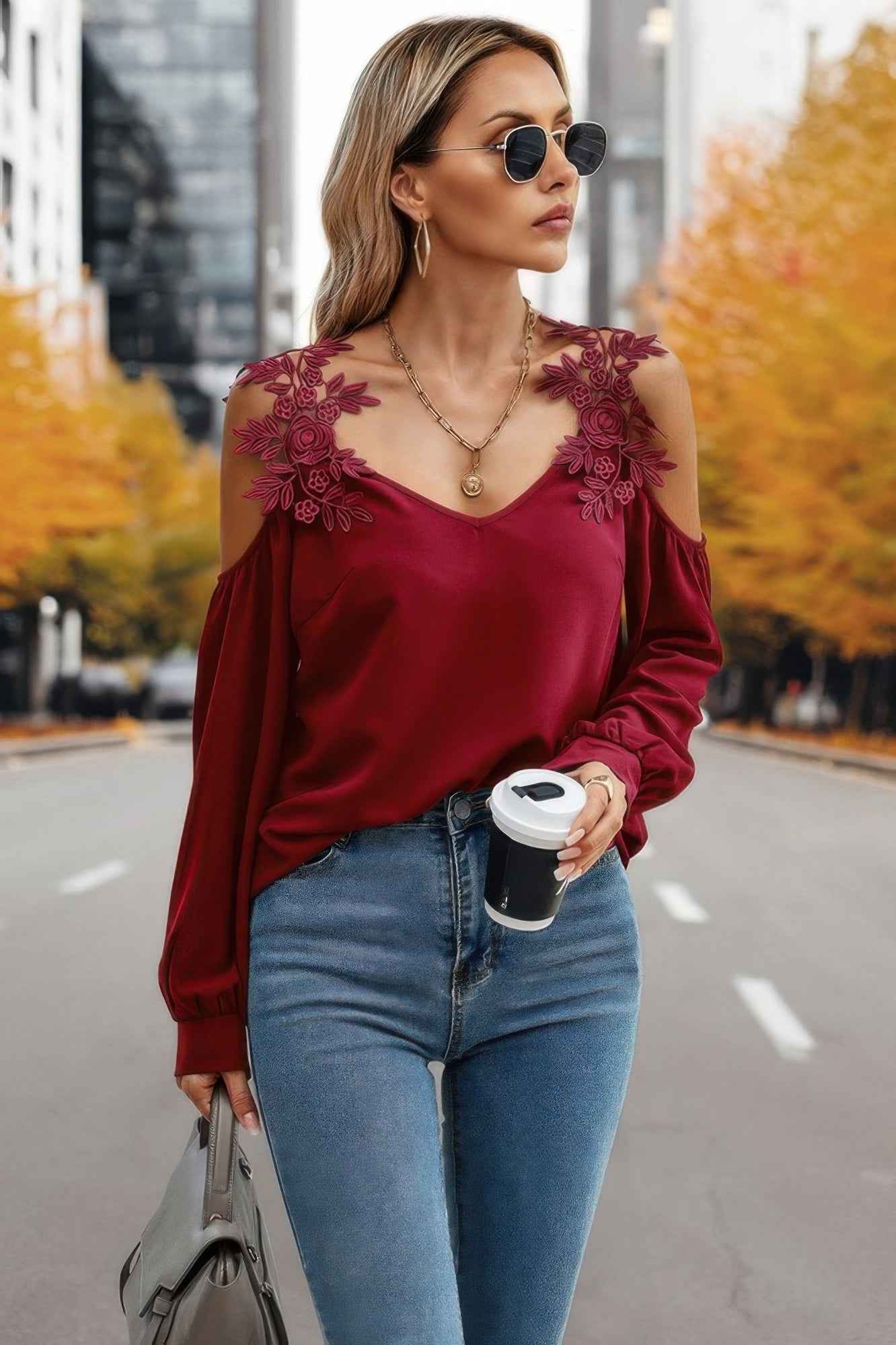 Contrast Low Back Lace Cold Shoulder Top