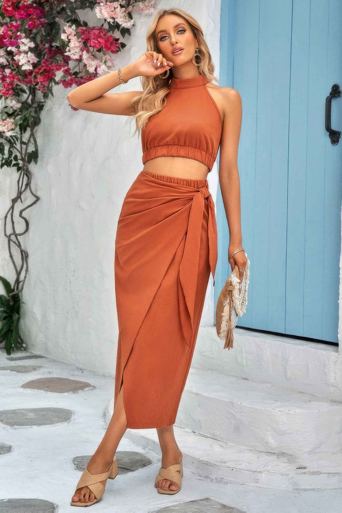 Two Pieces Soild Cowl Neck Wrap Sets