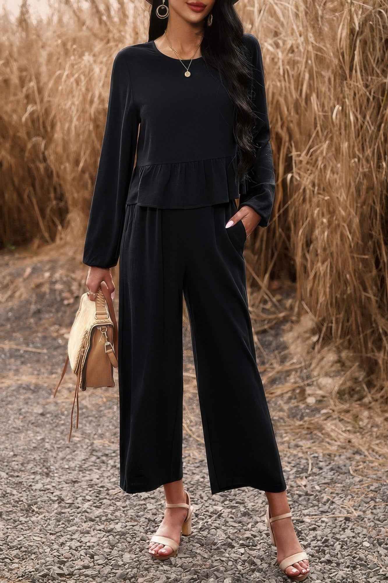 Two Pieces Button Back Ruffle Plain Pocket Sets