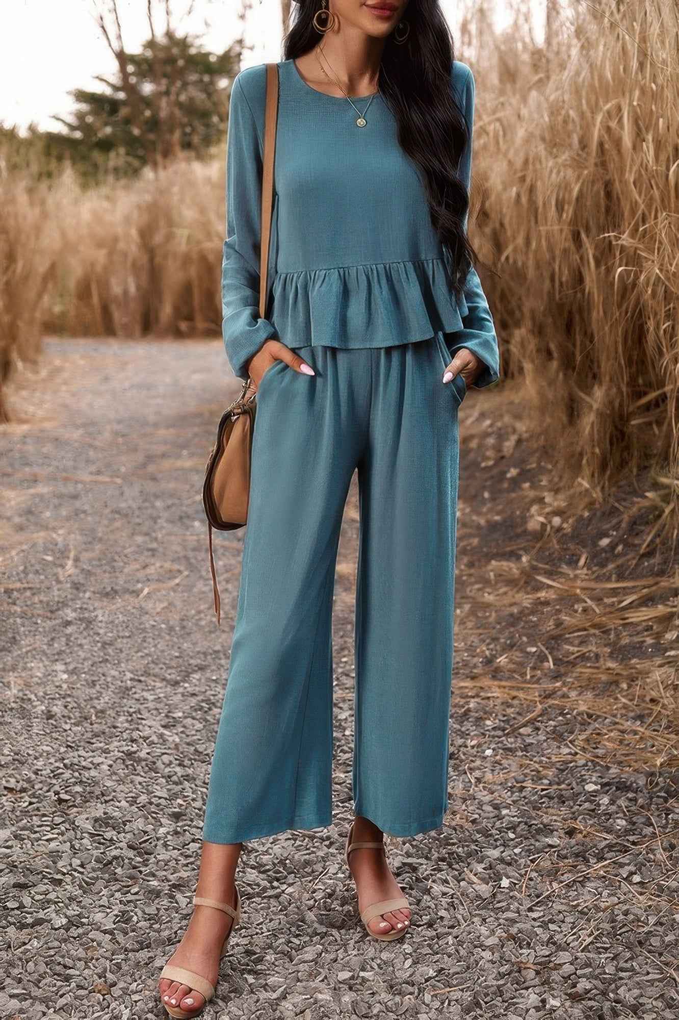 Two Pieces Button Back Ruffle Plain Pocket Sets