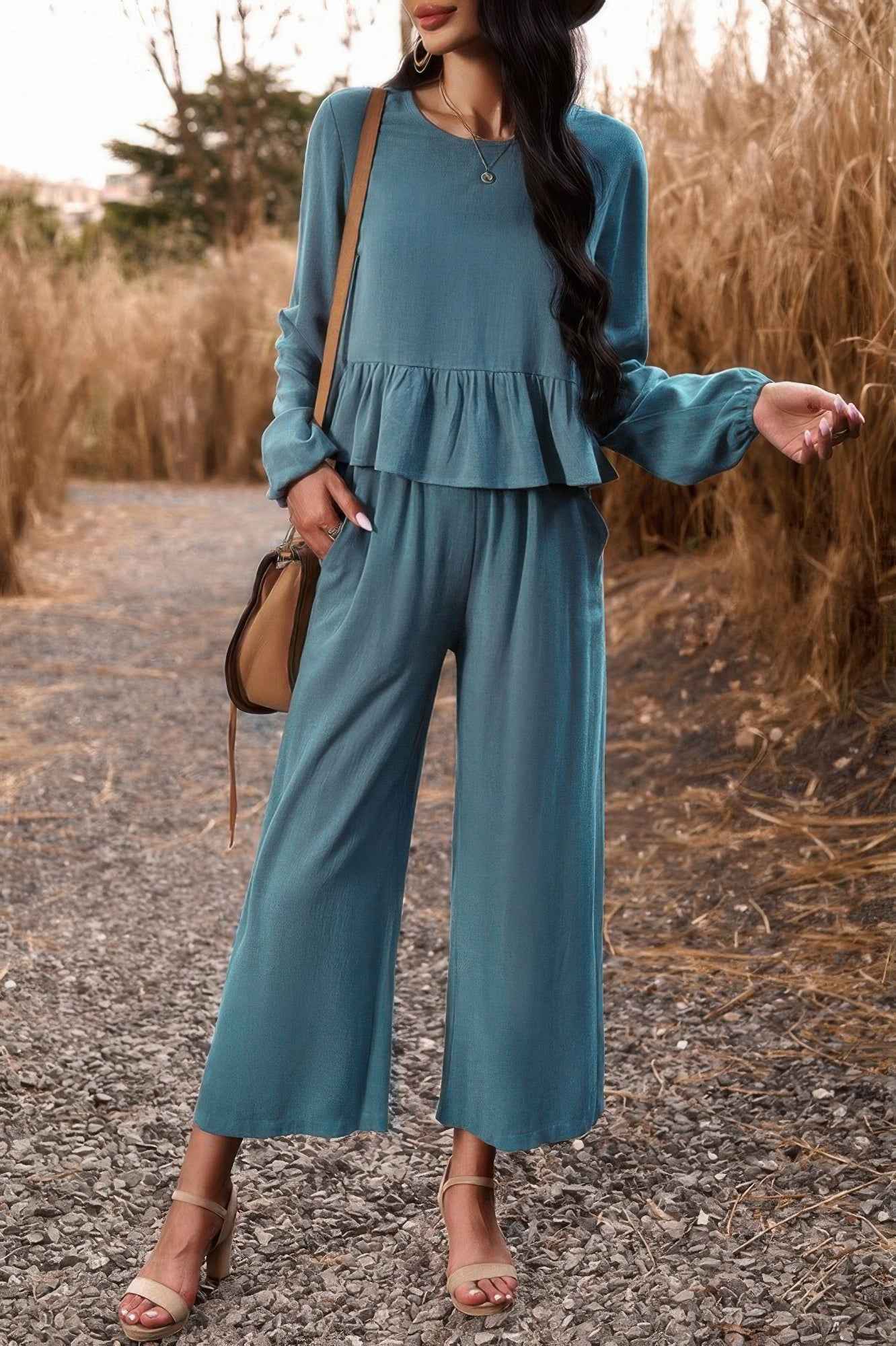 Two Pieces Button Back Ruffle Plain Pocket Sets