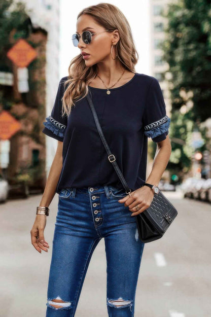 Round Neck Loose Fit Frill Trim Tee