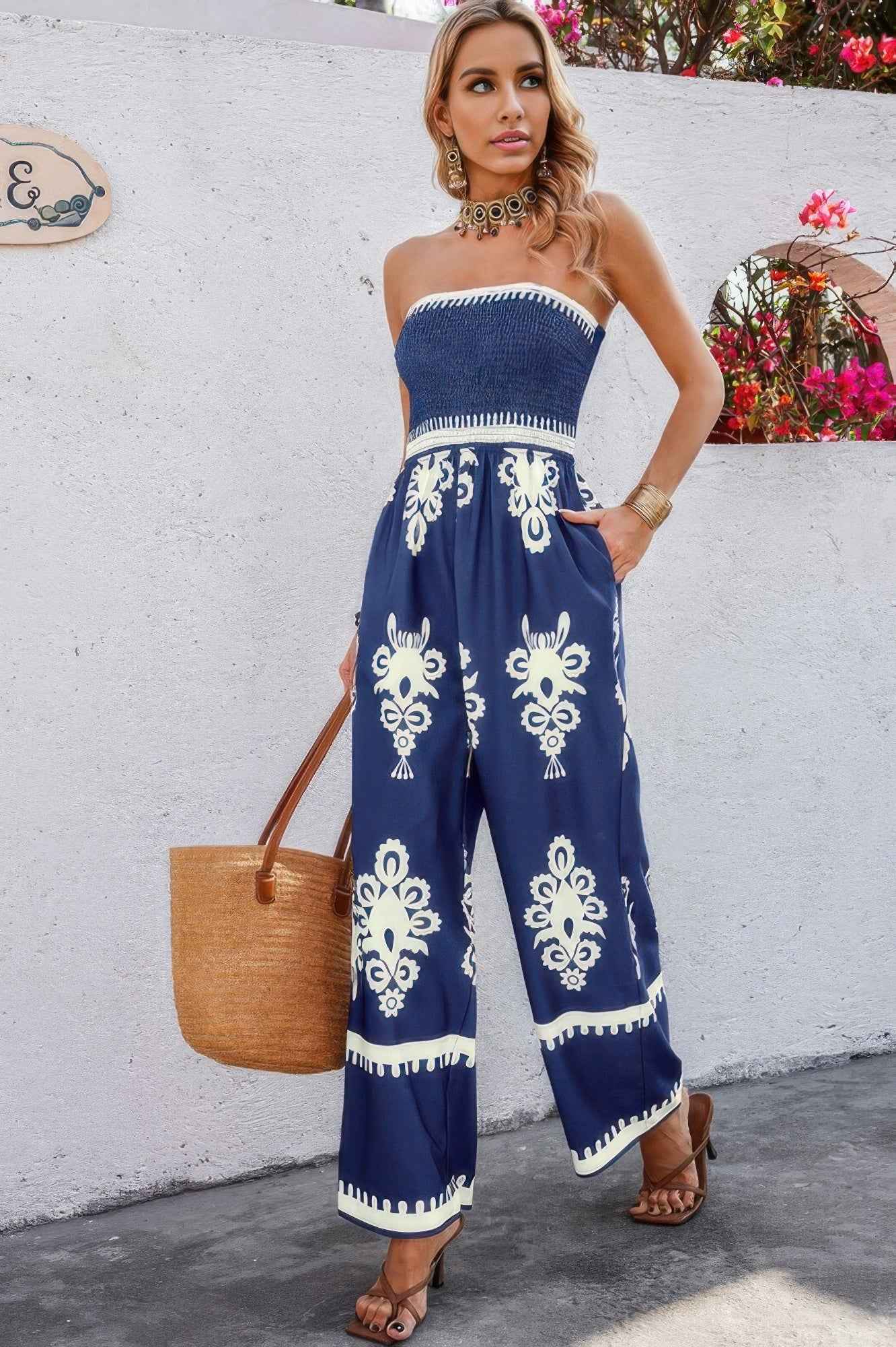 Off Shoulder Ruched Printed High Waist Jumpsuit