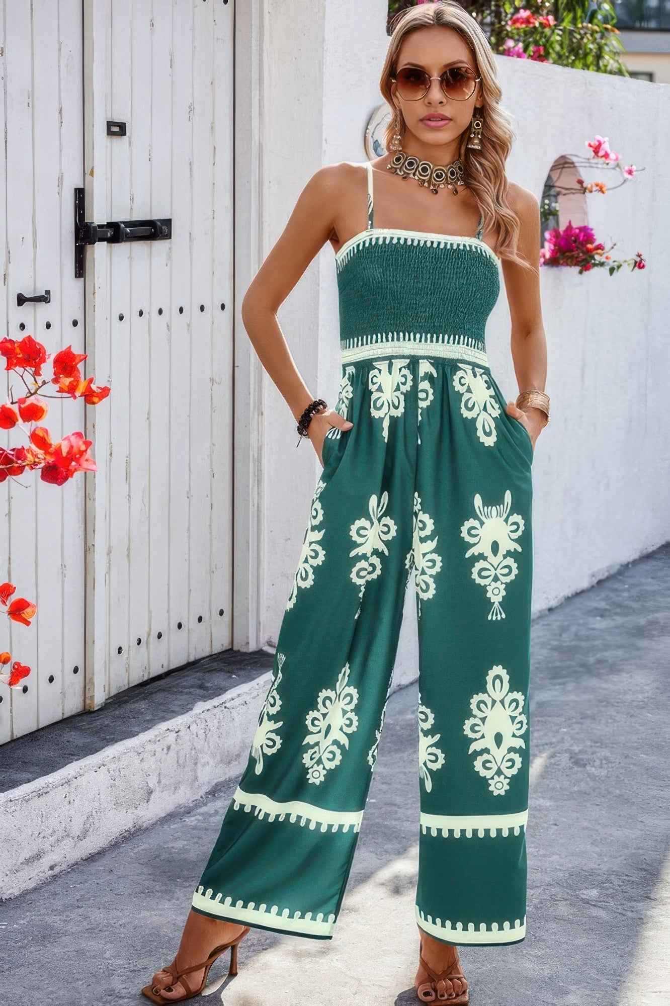 Off Shoulder Ruched Printed High Waist Jumpsuit