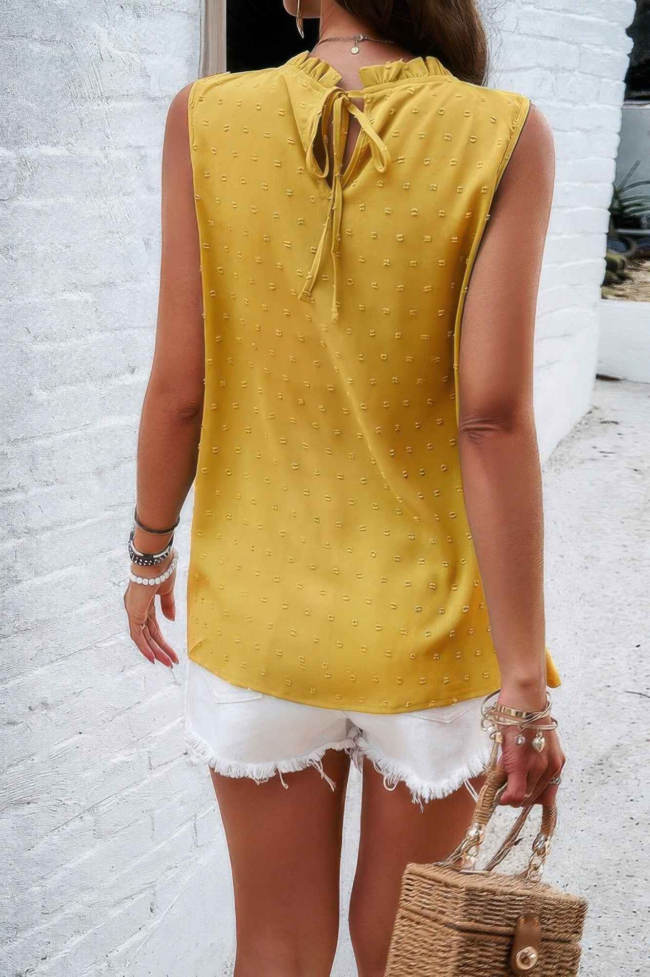 Lace Trim Solid Ruched Sleeveless Swiss Dot Top