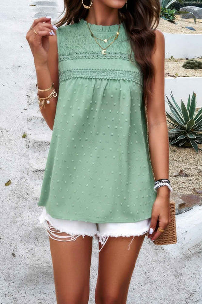 Lace Trim Solid Ruched Sleeveless Swiss Dot Top