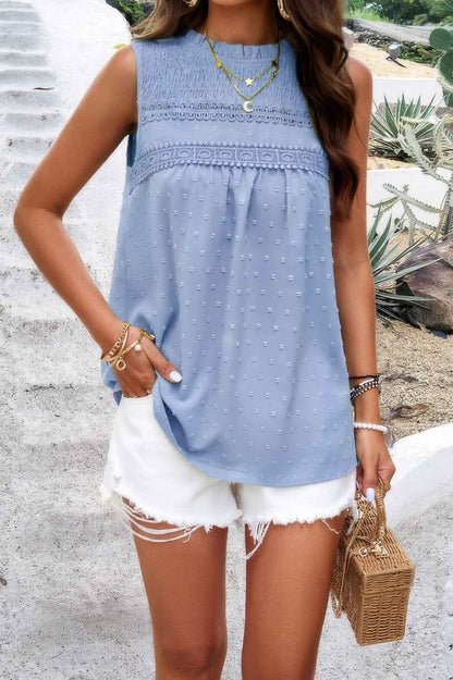 Lace Trim Solid Ruched Sleeveless Swiss Dot Top