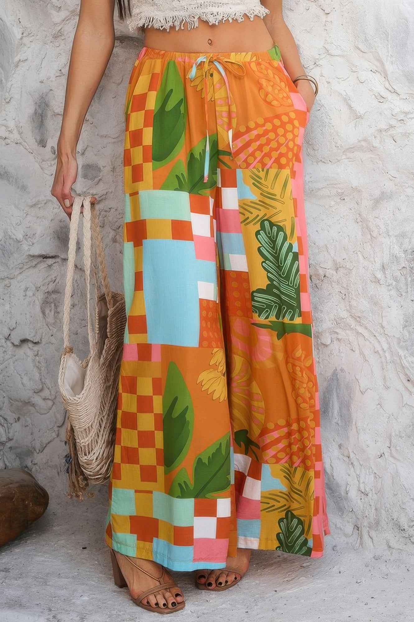 Allover Print Drawstring Pockets Wide Leg Pants