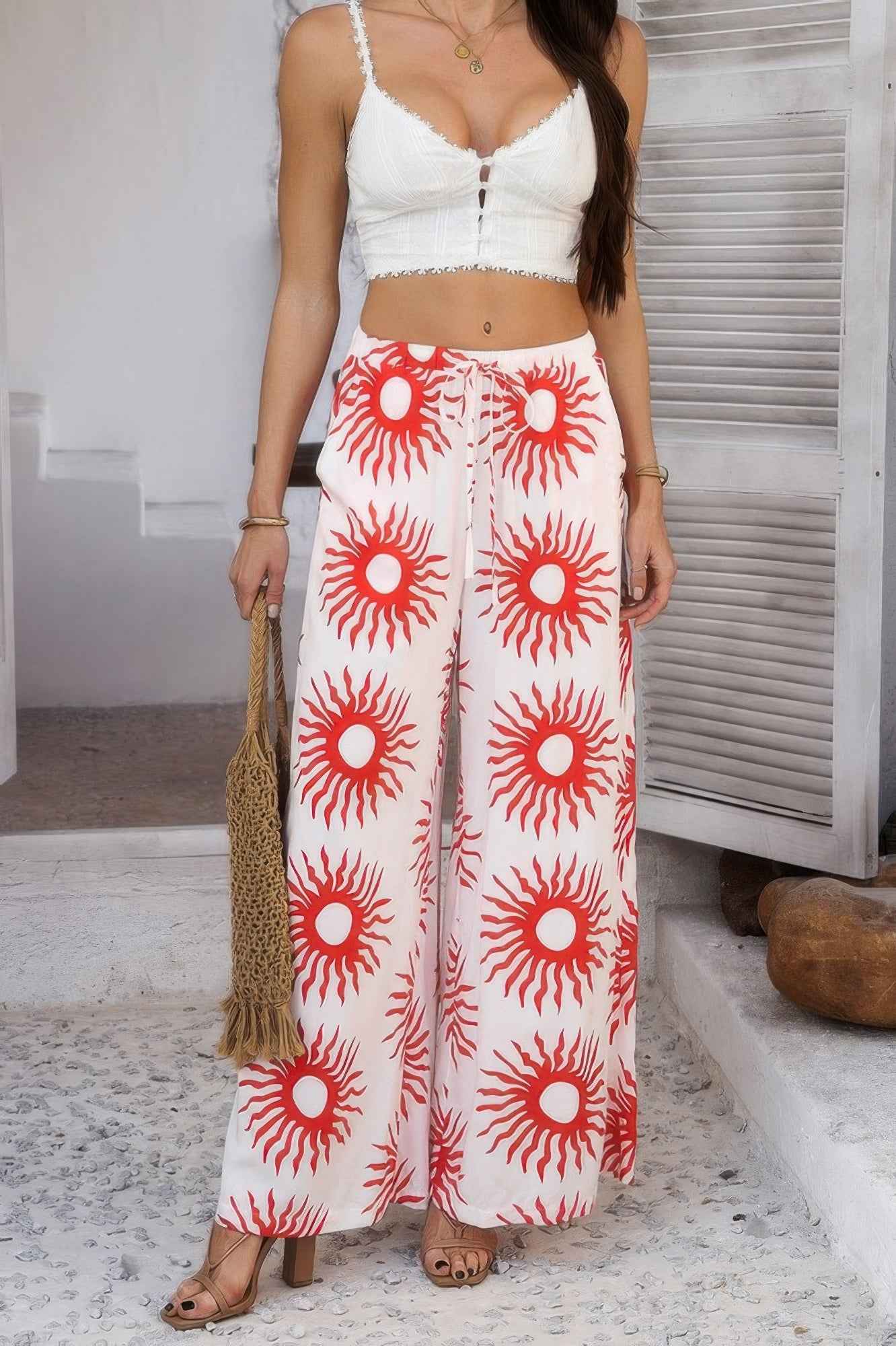 Allover Print Drawstring Pockets Wide Leg Pants