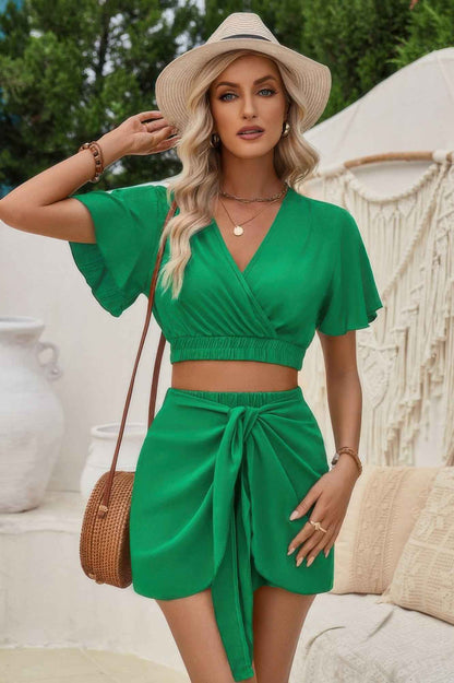 Two Pieces Cross Knot Elastic Waist Soild Sets