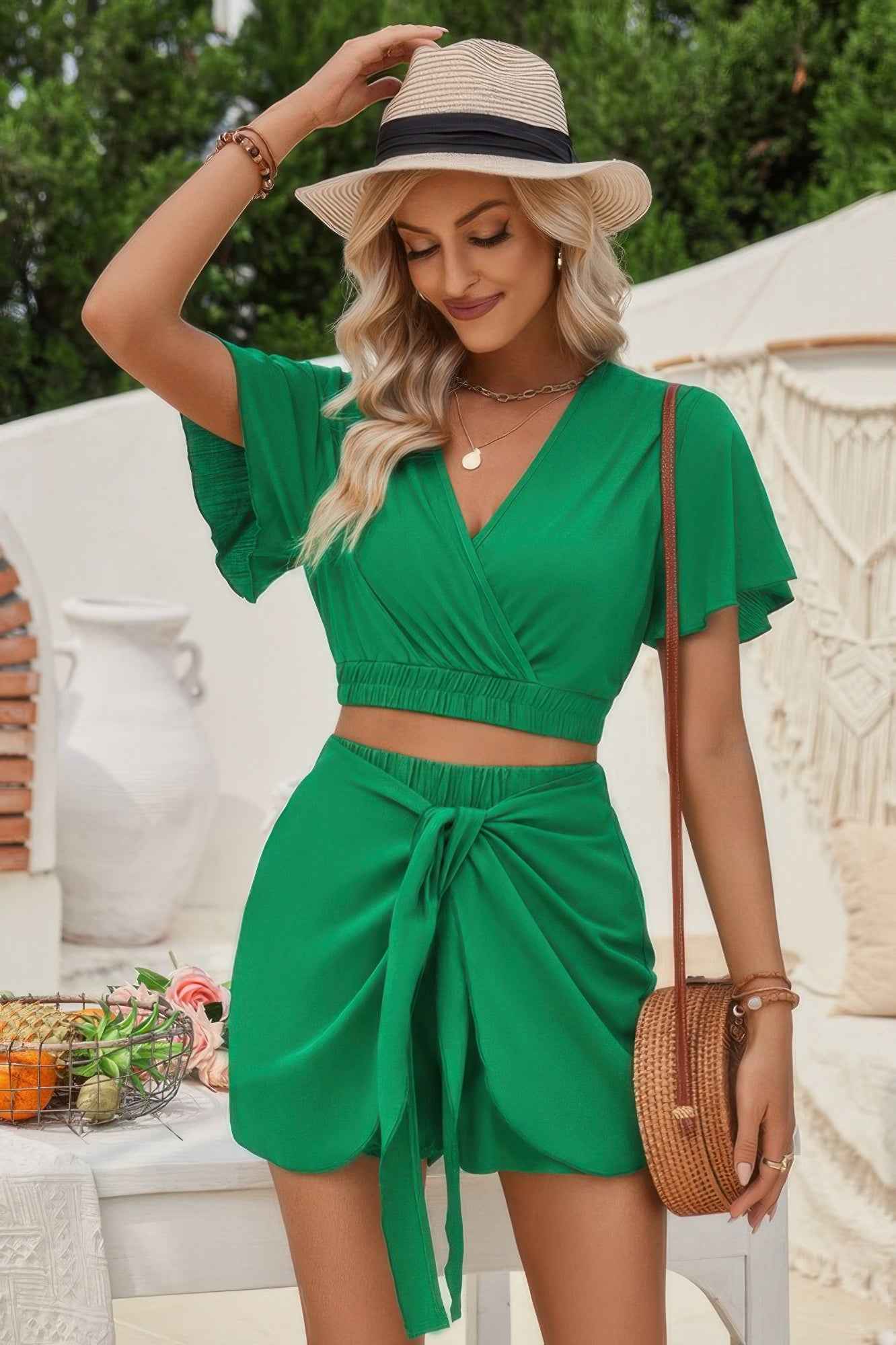 Two Pieces Cross Knot Elastic Waist Soild Sets