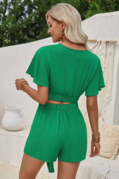 Two Pieces Cross Knot Elastic Waist Soild Sets