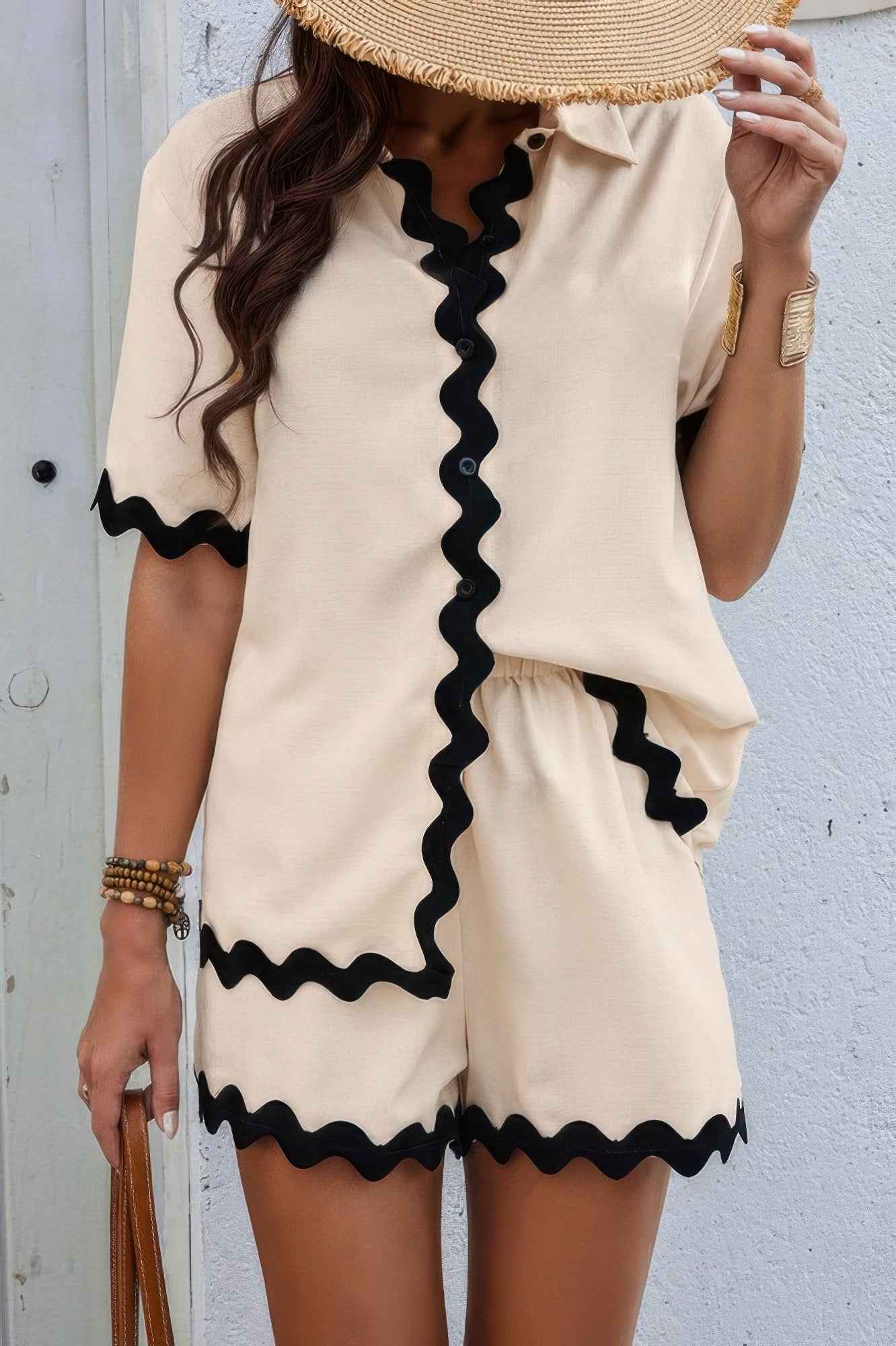 Color Block Two Pieces Button Blouse Sets