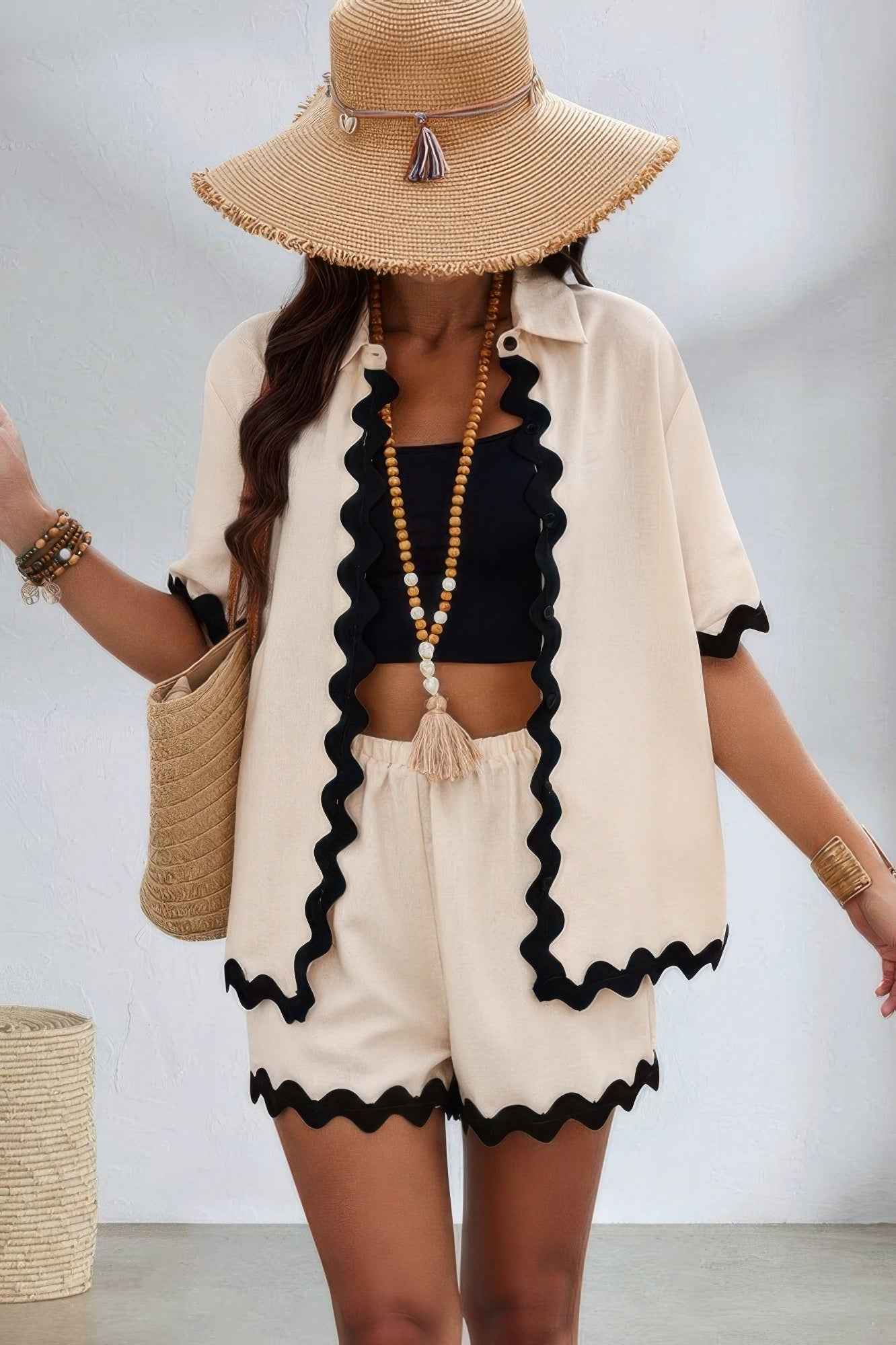 Color Block Two Pieces Button Blouse Sets