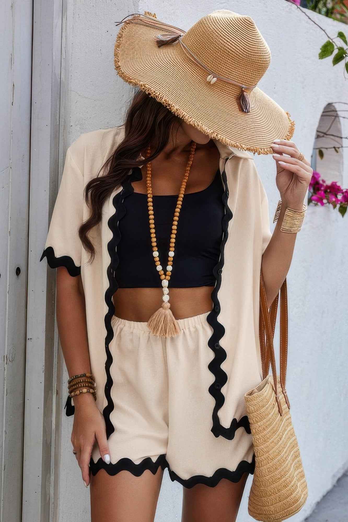 Color Block Two Pieces Button Blouse Sets