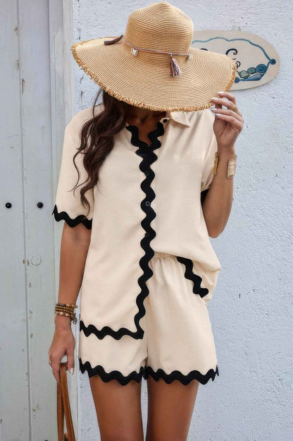 Color Block Two Pieces Button Blouse Sets