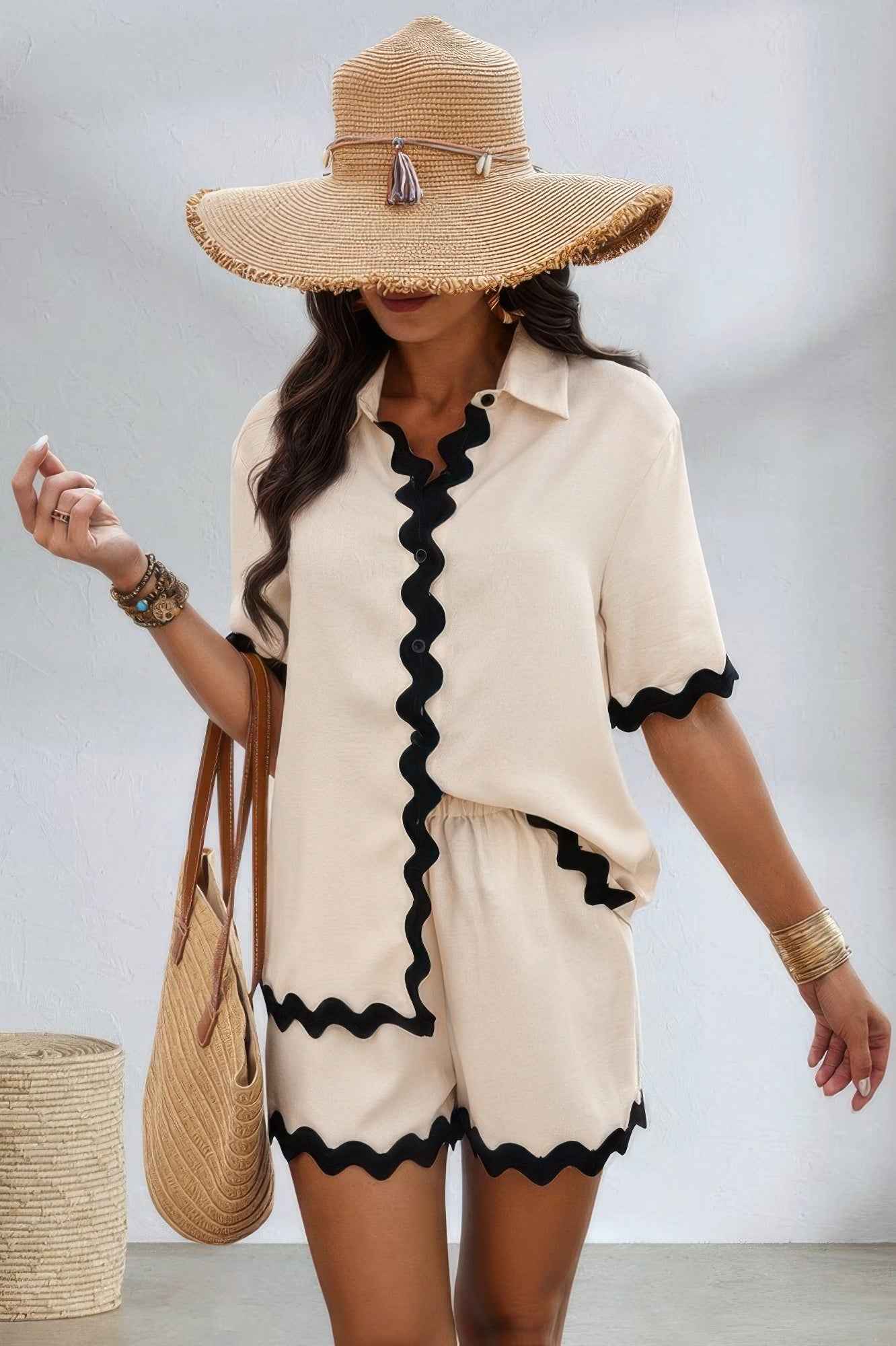 Color Block Two Pieces Button Blouse Sets