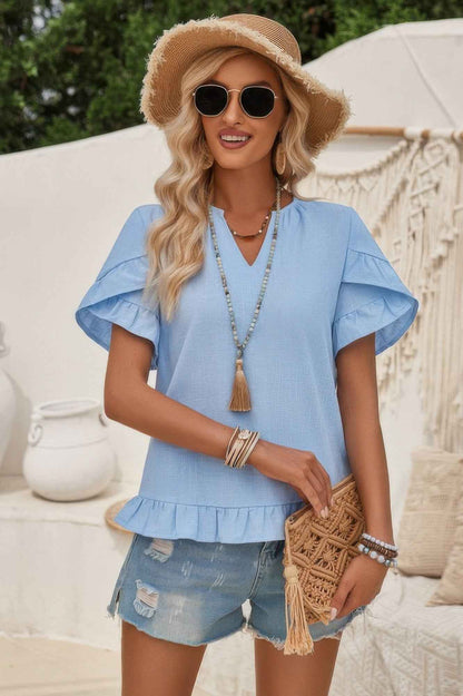Solid V Neck Ruffle Hem Loose Fit Blouse