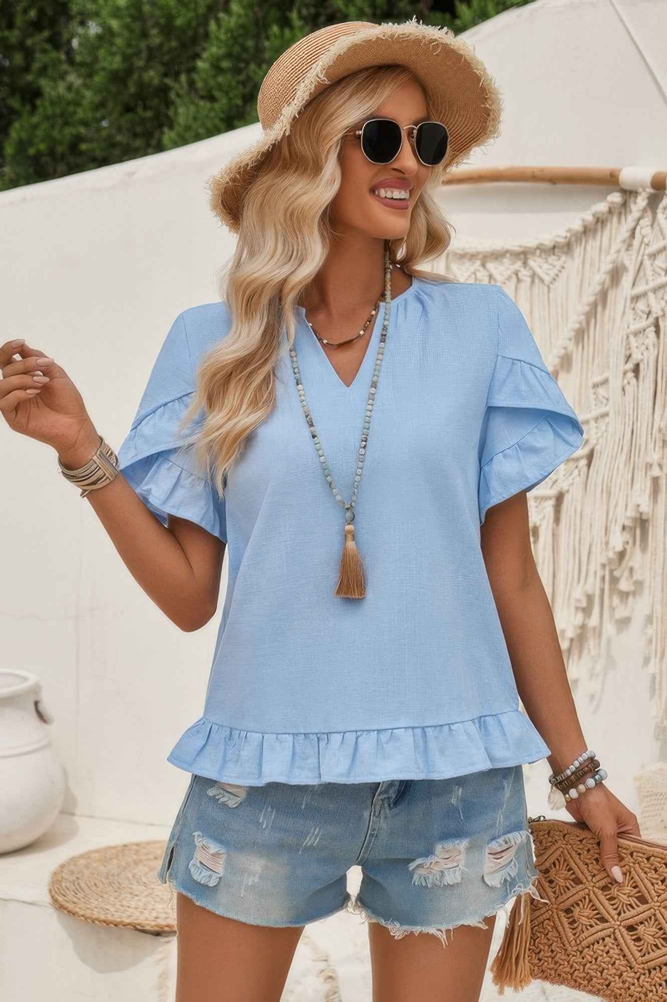 Solid V Neck Ruffle Hem Loose Fit Blouse