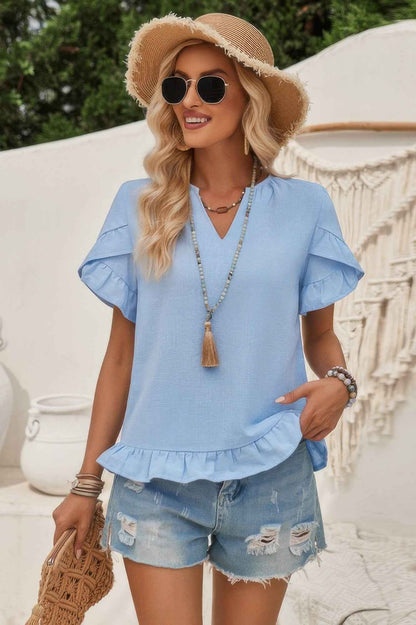 Solid V Neck Ruffle Hem Loose Fit Blouse