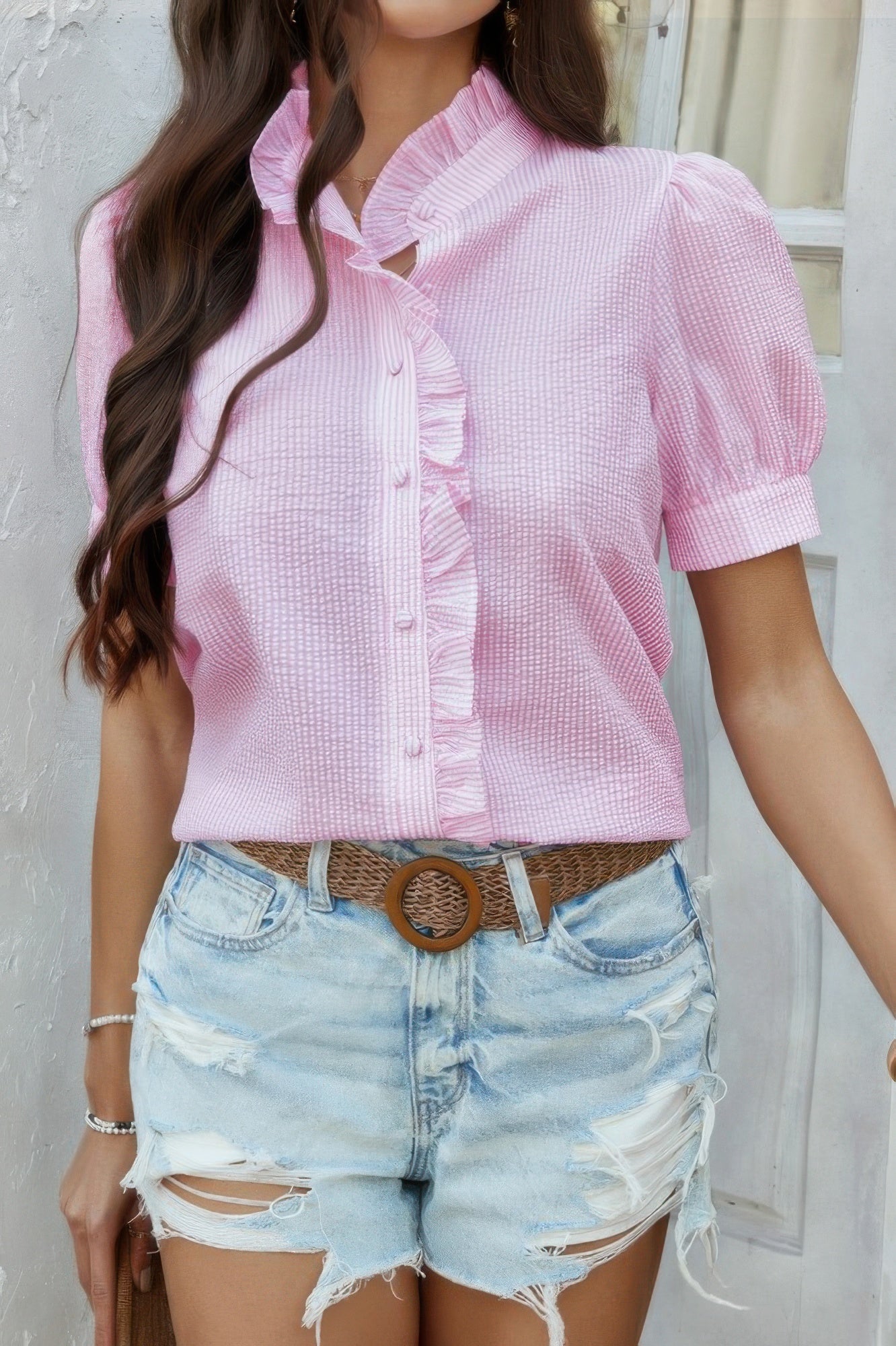 Stripe Button Down Ruffled Front Trim Shirt - It's a Girly Place