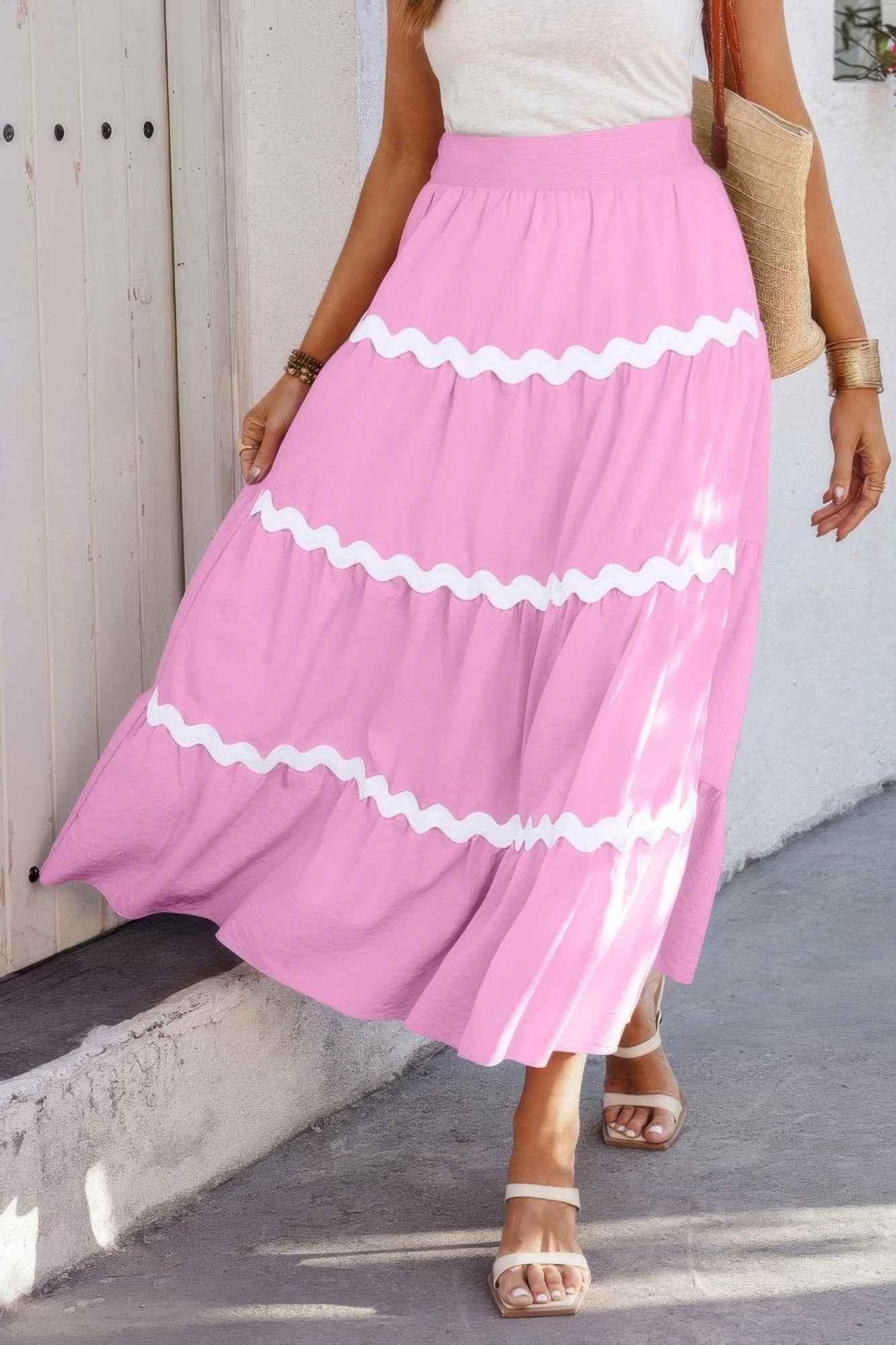 Waves Print Pleated Elastic Waist Band Skirt