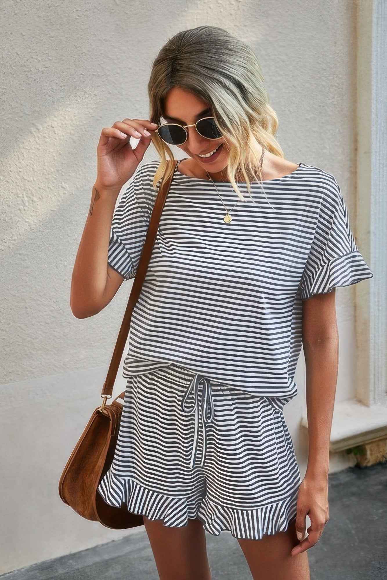 Round Neck Striped Top Short Set