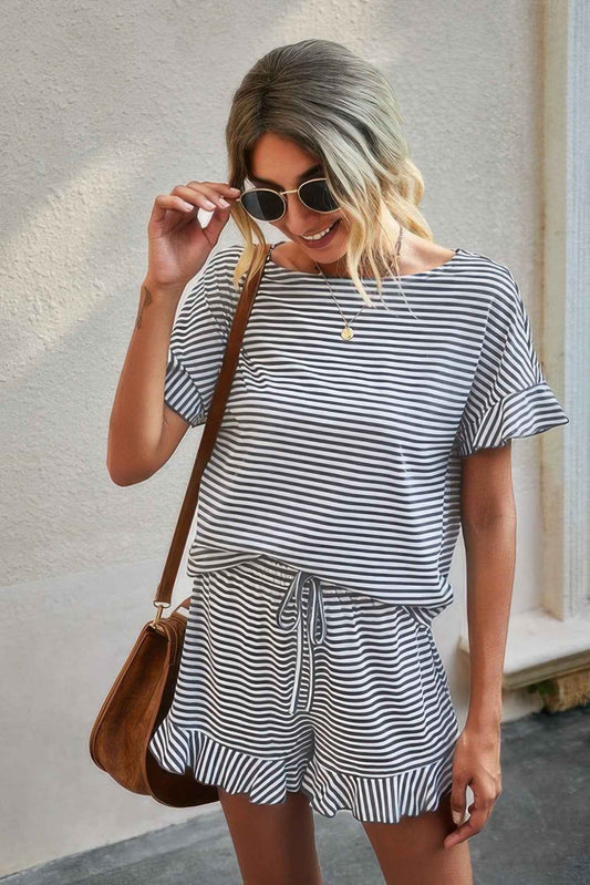 Round Neck Striped Top Short Set
