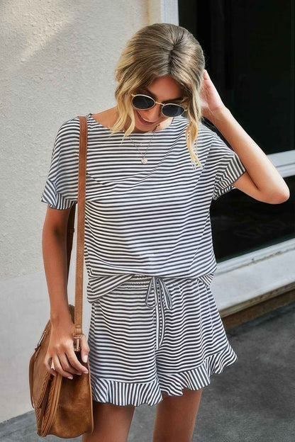 Round Neck Striped Top Short Set