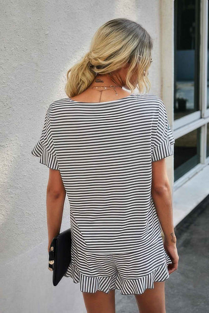 Round Neck Striped Top Short Set