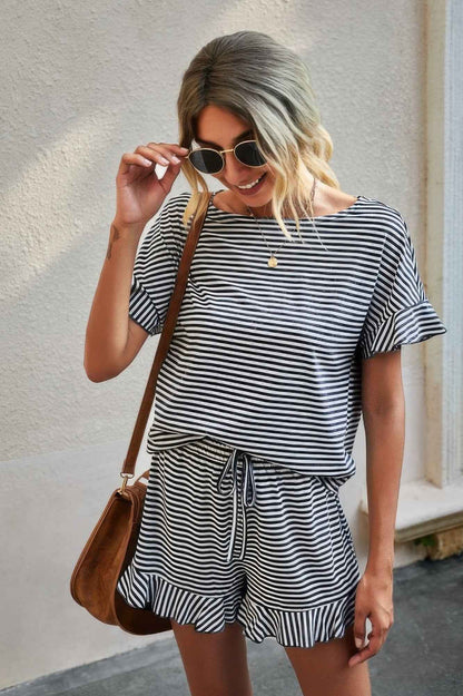 Round Neck Striped Top Short Set