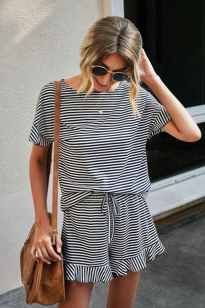 Round Neck Striped Top Short Set