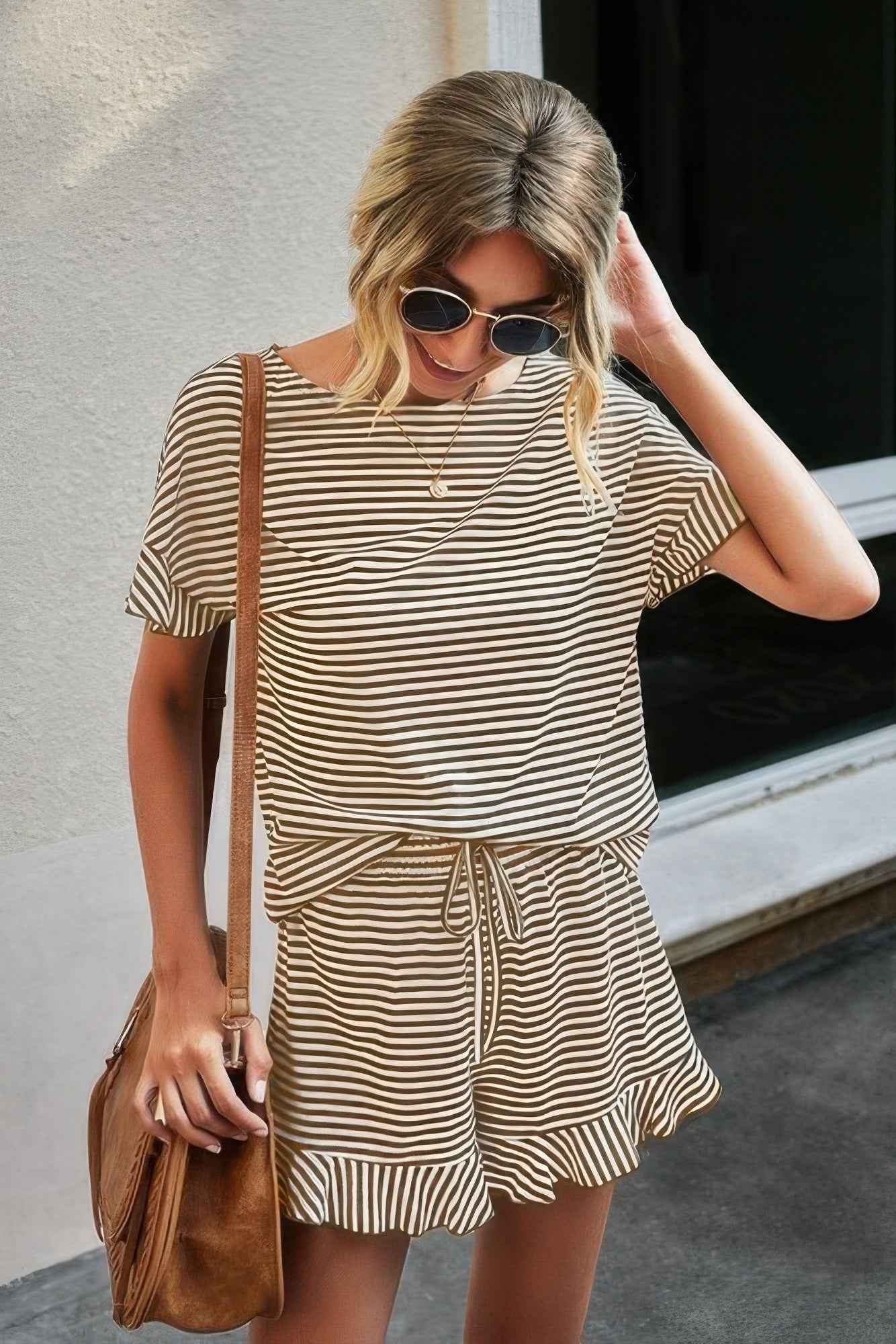 Round Neck Striped Top Short Set
