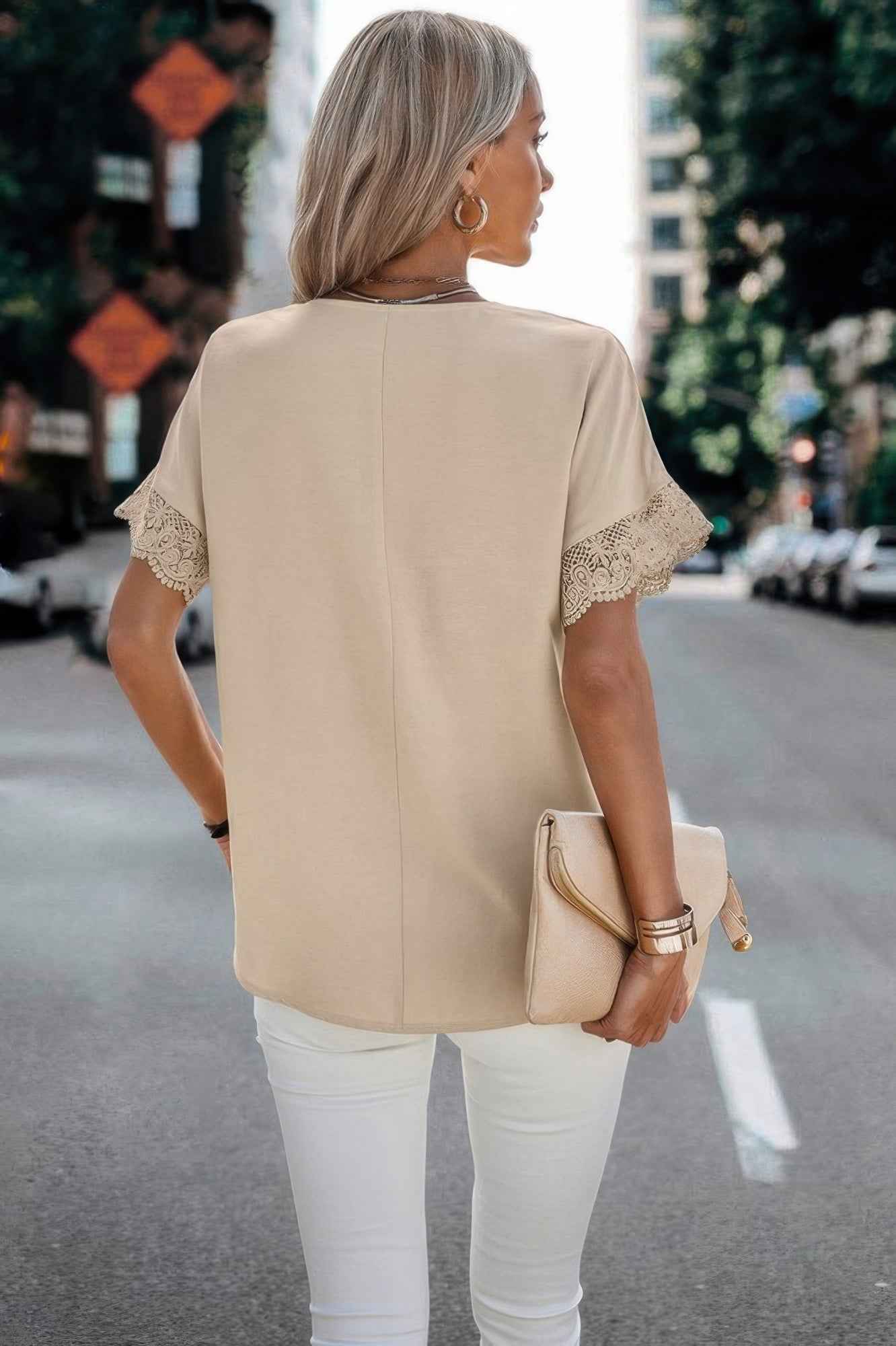 Color Block Lace Sleeve V Neck Solid Loose Fit Blouse