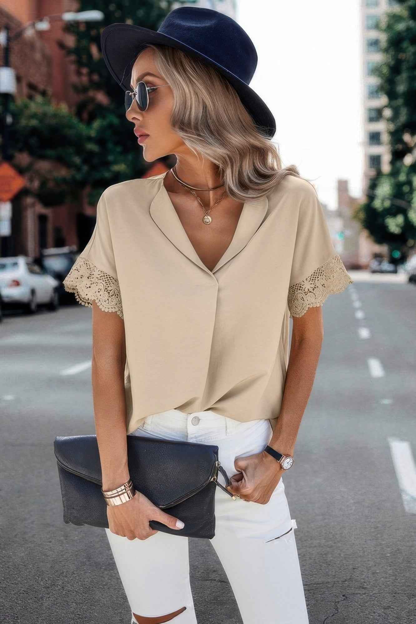 Color Block Lace Sleeve V Neck Solid Loose Fit Blouse
